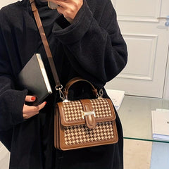 Houndstooth Print Flap Shoulder Bag PU Leather Crossbody Handbag