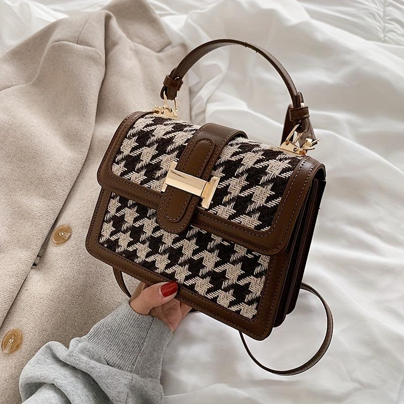 Houndstooth Print Flap Shoulder Bag PU Leather Crossbody Handbag