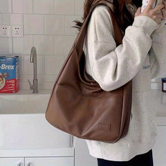 Solid PU Leather Hobo Bag Large Capacity Handbag For School Work