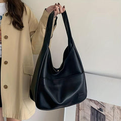 Solid PU Leather Hobo Bag Large Capacity Handbag For School Work