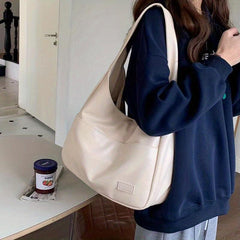 Solid PU Leather Hobo Bag Large Capacity Handbag For School Work