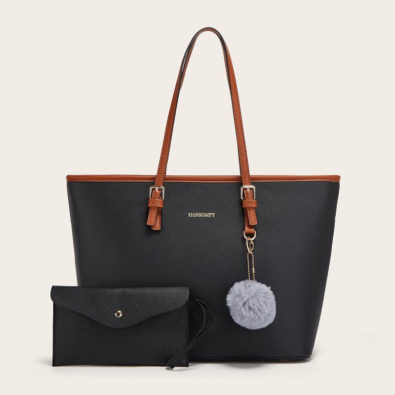 Casual Faux Leather Tote Bag with Pom Pom Decor