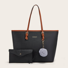 Casual Faux Leather Tote Bag with Pom Pom Decor