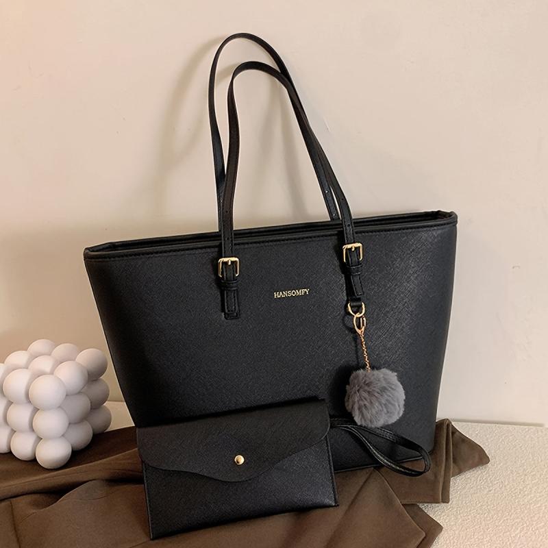 Casual Faux Leather Tote Bag with Pom Pom Decor