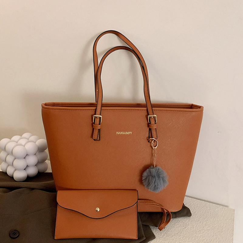 Casual Faux Leather Tote Bag with Pom Pom Decor