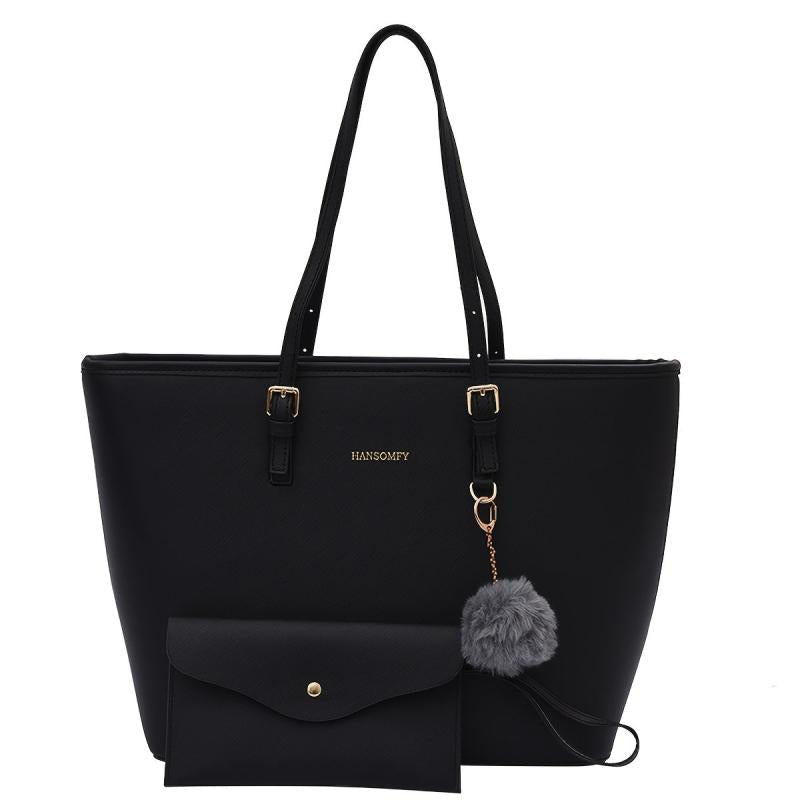 Casual Faux Leather Tote Bag with Pom Pom Decor