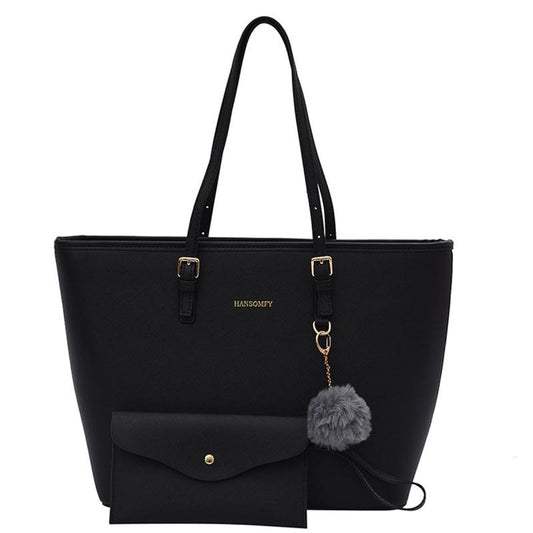 Casual Faux Leather Tote Bag with Pom Pom Decor