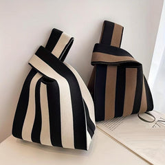 Striped Pattern Woven Handbag Fabric Crochet Niche Tote Bag