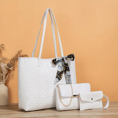 3 Pcs Quilted Detail Bag Sets Solid Tote Bag With Shoulder Chain Bag & Purse