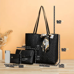 3 Pcs Quilted Detail Bag Sets Solid Tote Bag With Shoulder Chain Bag & Purse