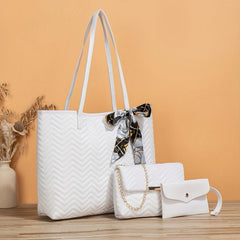 3 Pcs Quilted Detail Bag Sets Solid Tote Bag With Shoulder Chain Bag & Purse