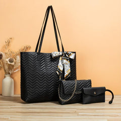 3 Pcs Quilted Detail Bag Sets Solid Tote Bag With Shoulder Chain Bag & Purse