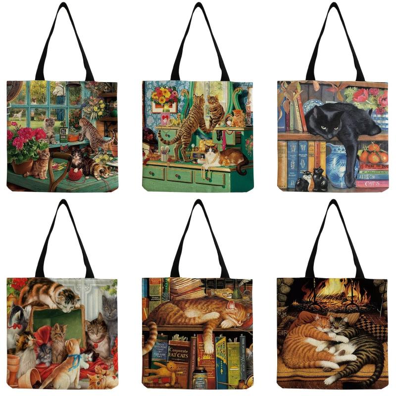 Graphic Cat Print Canvas Bag Lightweight Shoulder Bag