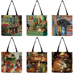 Graphic Cat Print Canvas Bag Lightweight Shoulder Bag