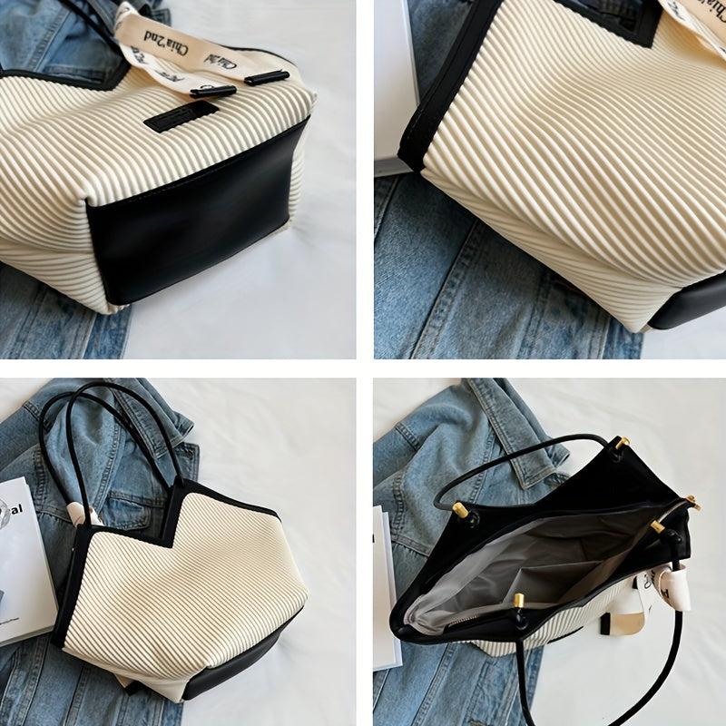Large Capacity Colorblock Tote Bag with Scarf