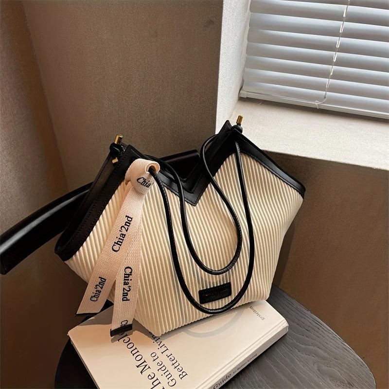 Large Capacity Colorblock Tote Bag with Scarf