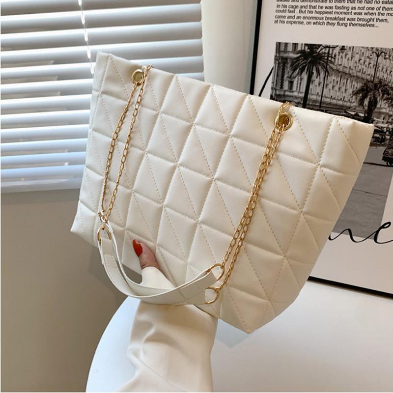 Plaid Faux Leather Tote Bag with Golden Chain Straps