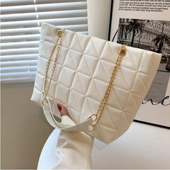 Plaid Faux Leather Tote Bag with Golden Chain Straps