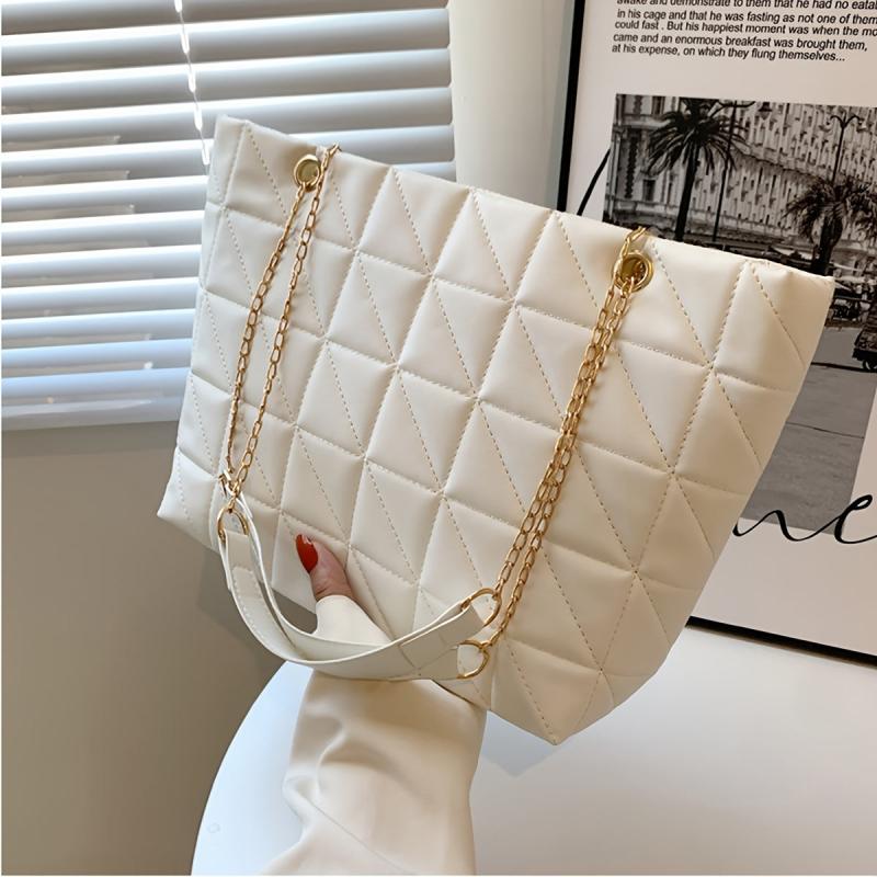 Plaid Faux Leather Tote Bag with Golden Chain Straps