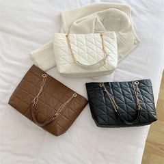 Plaid Faux Leather Tote Bag with Golden Chain Straps