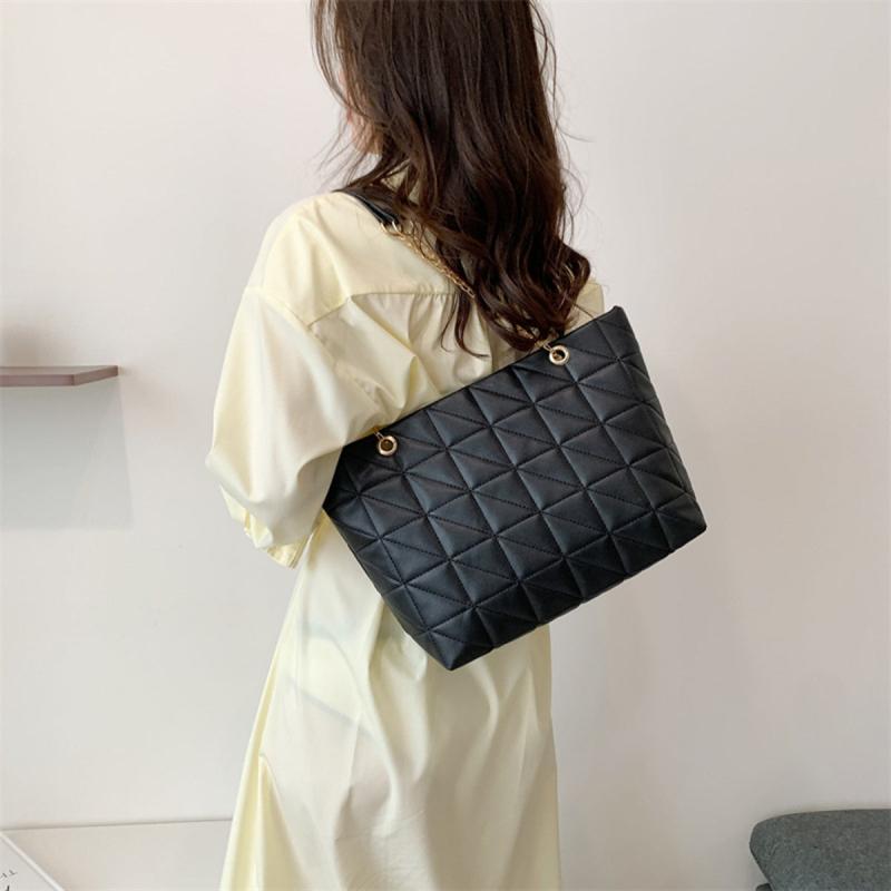 Plaid Faux Leather Tote Bag with Golden Chain Straps