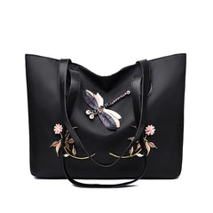 Flower Print & Dragonfly Tote Bag Stylish Women's Handbag Work Bag