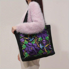 Flower Embroidery Canvas Tote Bag Ethnic Style Shoulder Bag