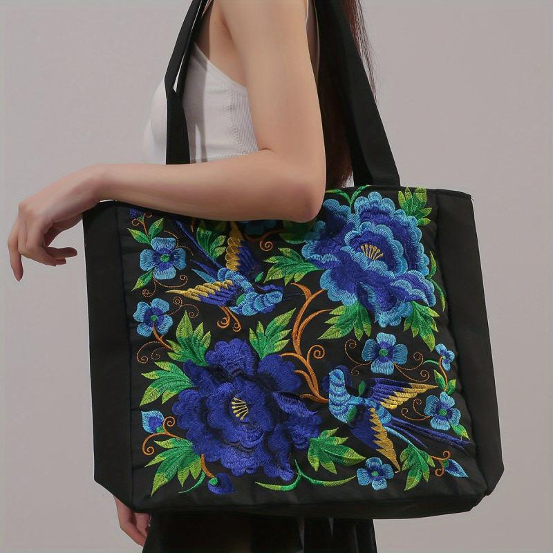 Flower Embroidery Canvas Tote Bag Ethnic Style Shoulder Bag