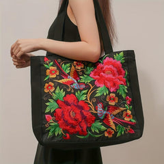 Flower Embroidery Canvas Tote Bag Ethnic Style Shoulder Bag