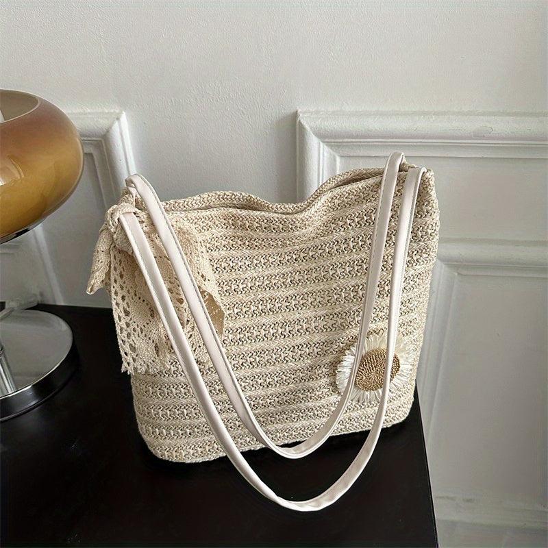Flower Decor Straw Bag Minimalist Women's Casual Travel Bag