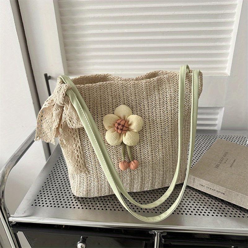 Flower Decor Straw Bag Minimalist Women's Casual Travel Bag