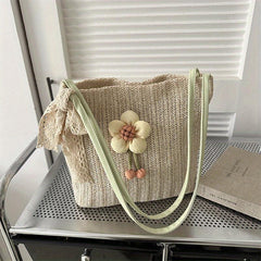 Flower Decor Straw Bag Minimalist Women's Casual Travel Bag