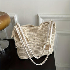 Flower Decor Straw Bag Minimalist Women's Casual Travel Bag