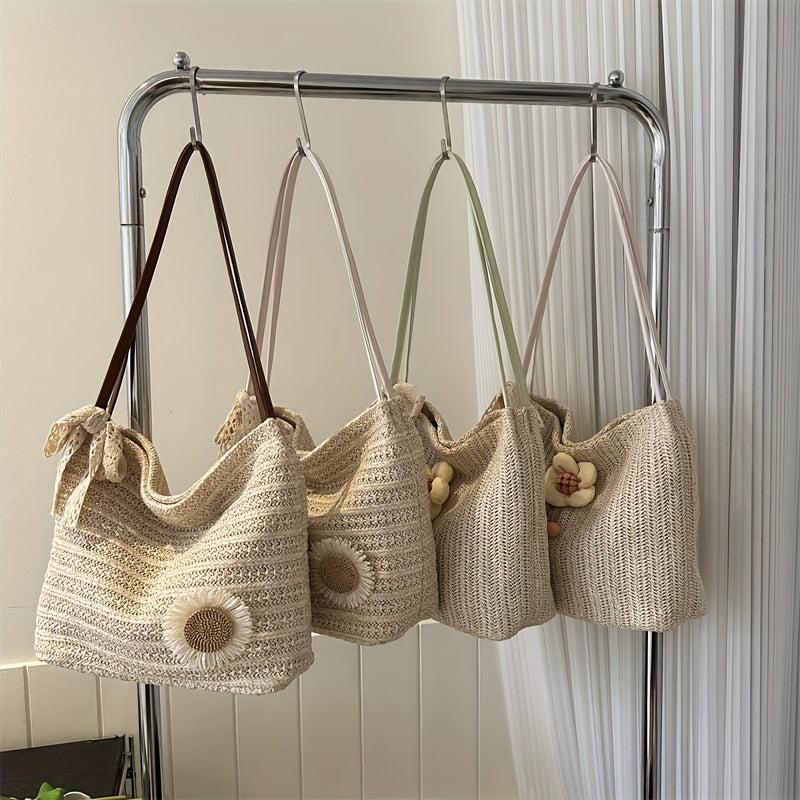 Flower Decor Straw Bag Minimalist Women's Casual Travel Bag