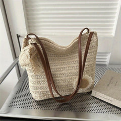 Flower Decor Straw Bag Minimalist Women's Casual Travel Bag