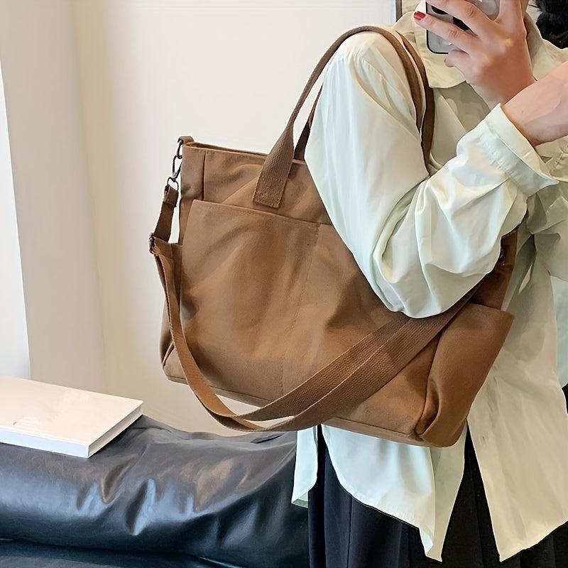 Large Capacity Canvas Shoulder Bag Minimalist Solid Tote Bag For School & Office