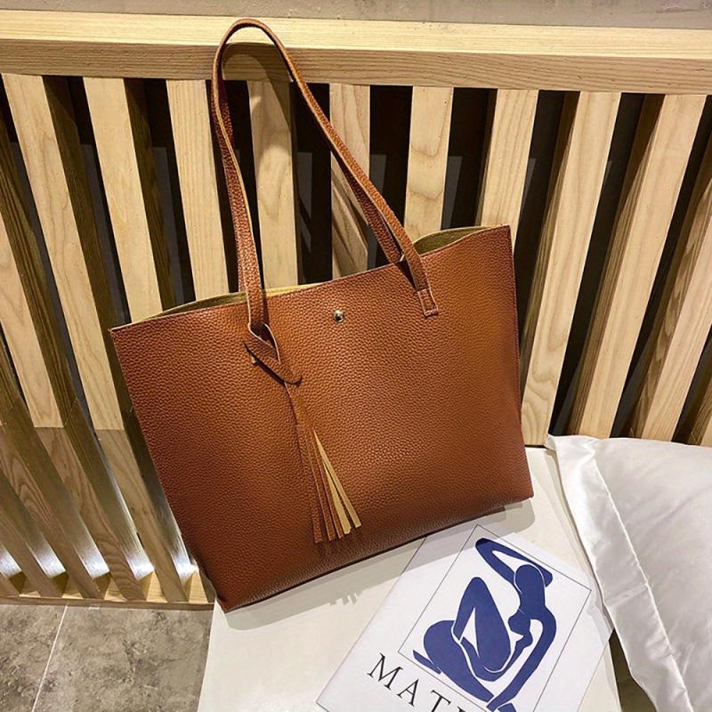 Large Capacity Tote Bag Solid PU Leather Shoulder Handbag & Purse