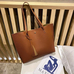 Large Capacity Tote Bag Solid PU Leather Shoulder Handbag & Purse