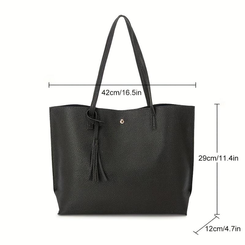 Large Capacity Tote Bag Solid PU Leather Shoulder Handbag & Purse