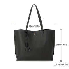 Large Capacity Tote Bag Solid PU Leather Shoulder Handbag & Purse