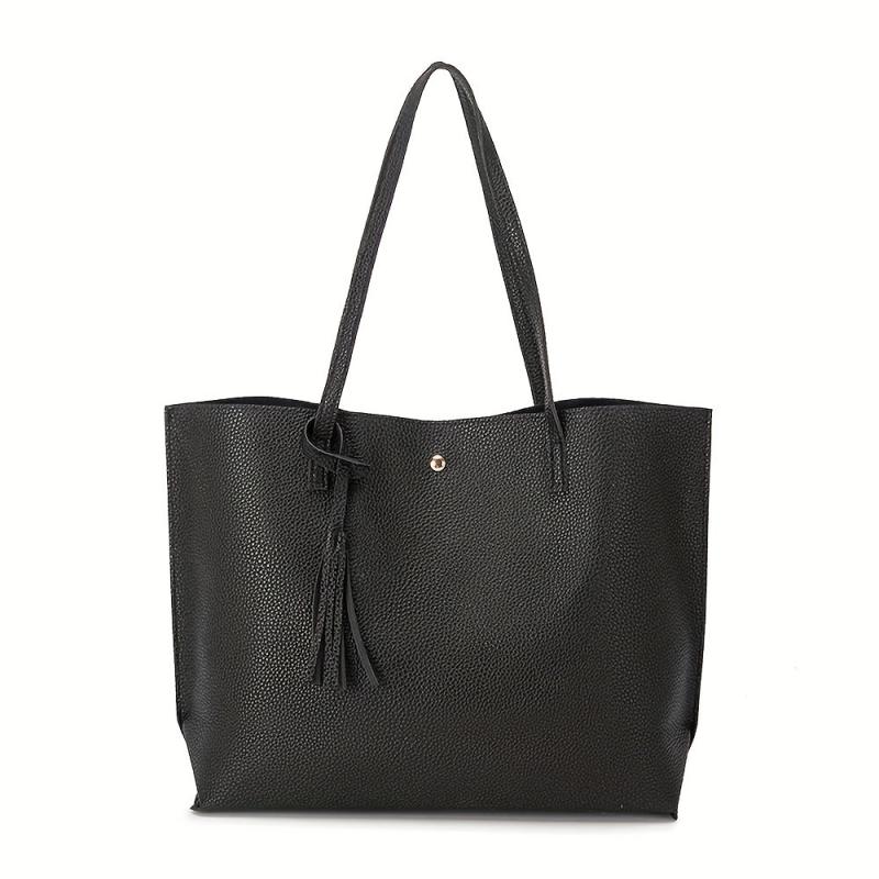 Large Capacity Tote Bag Solid PU Leather Shoulder Handbag & Purse