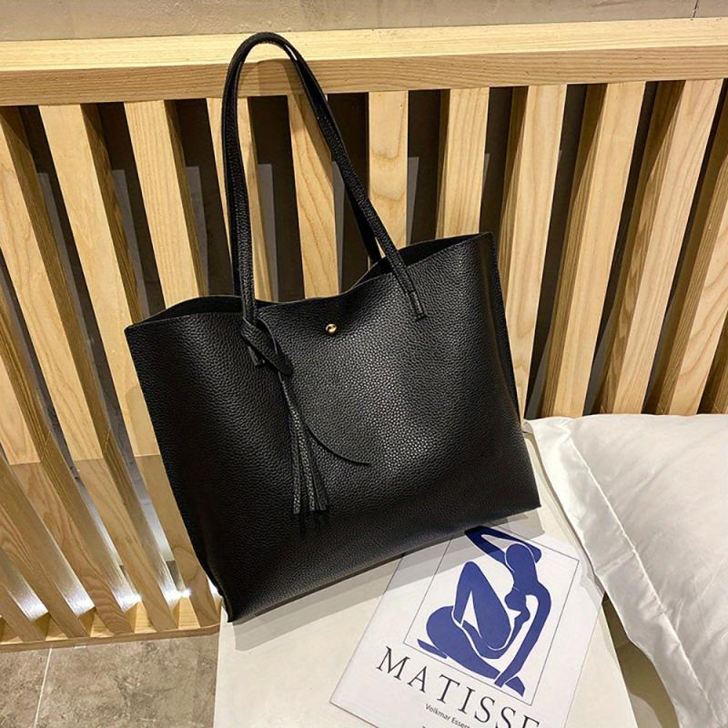 Large Capacity Tote Bag Solid PU Leather Shoulder Handbag & Purse