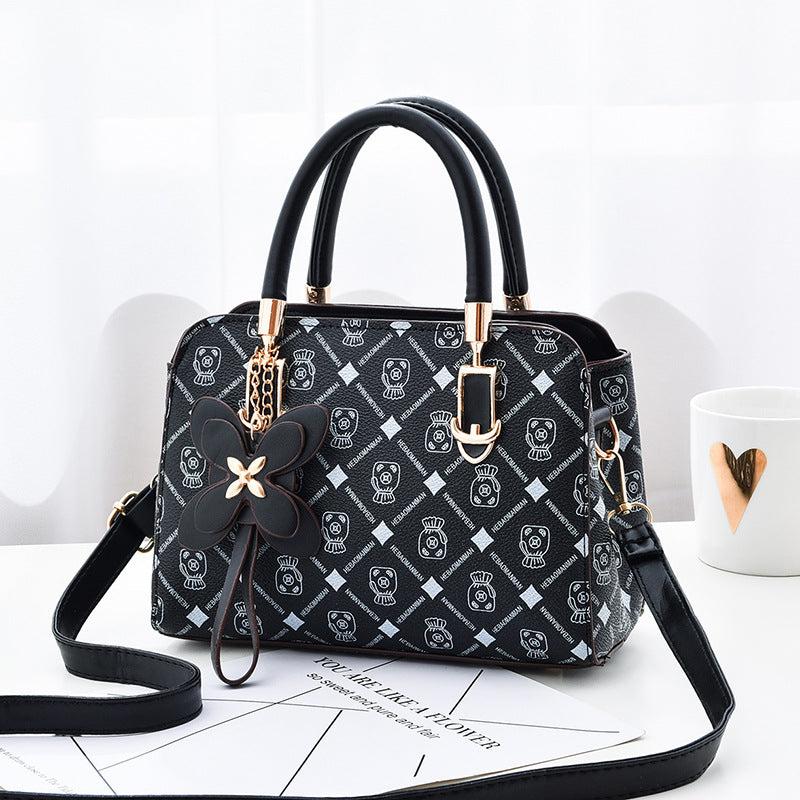 Rhombus Print Handbag Flower Decor Crossbody Bag Purse