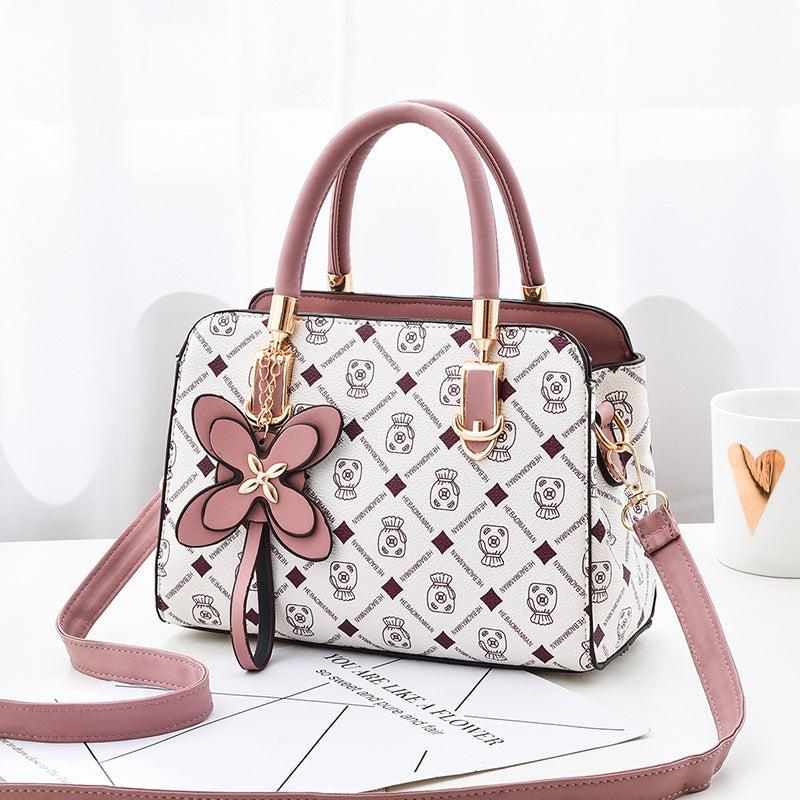 Rhombus Print Handbag Flower Decor Crossbody Bag Purse