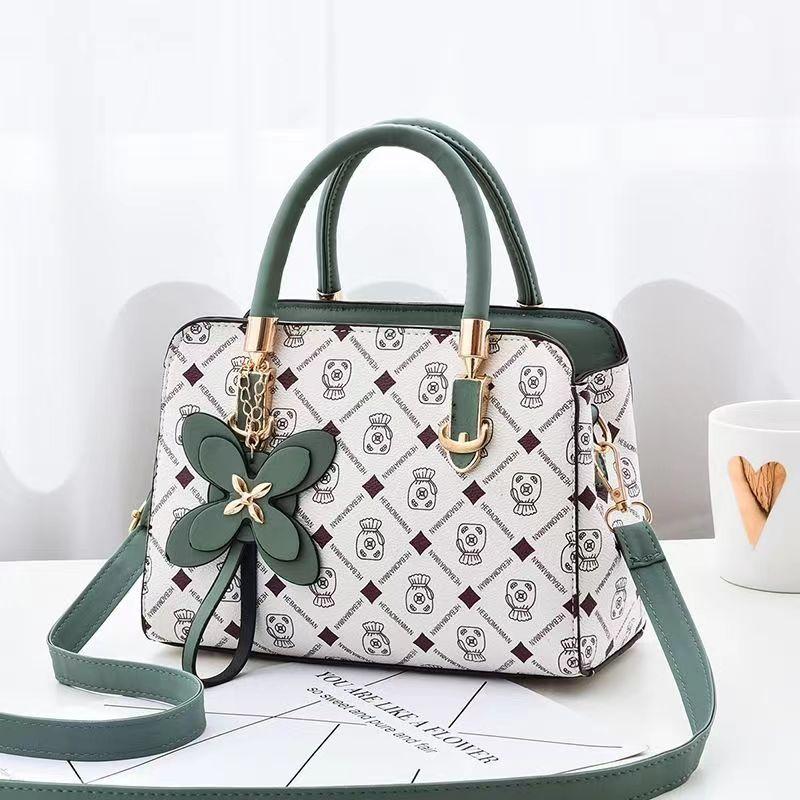 Rhombus Print Handbag Flower Decor Crossbody Bag Purse