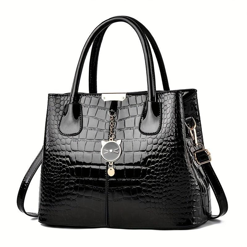 Crocodile Embossed Tote Shoulder Bag with Zipper