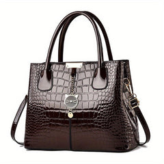 Crocodile Embossed Tote Shoulder Bag with Zipper