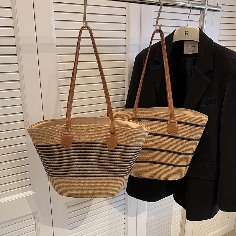 Striped Pattern Shoulder Straw Bag Summer Woven Tote Bag