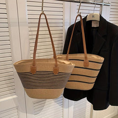 Striped Pattern Shoulder Straw Bag Summer Woven Tote Bag