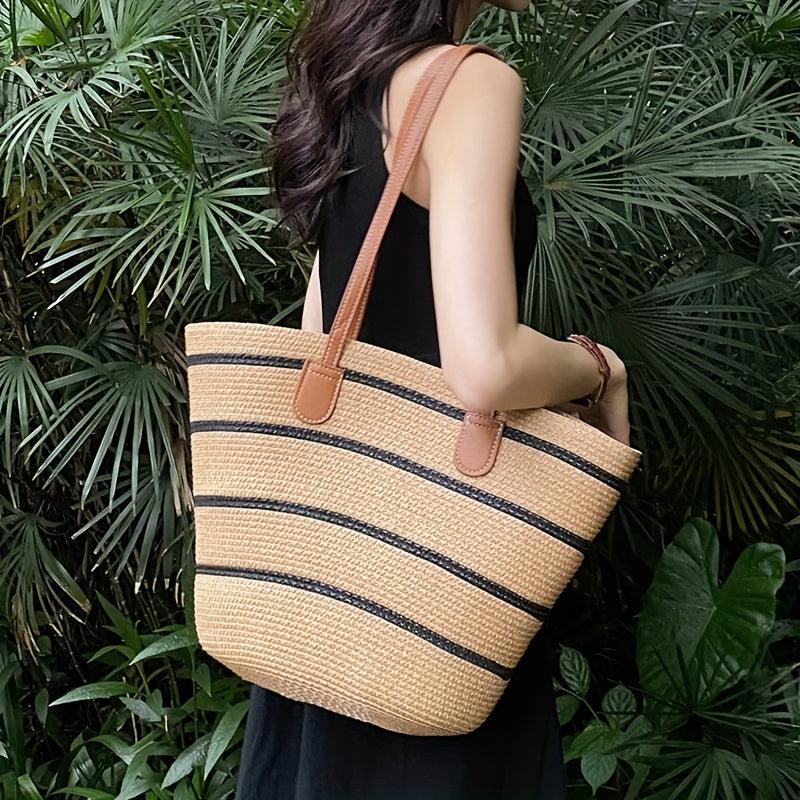 Striped Pattern Shoulder Straw Bag Summer Woven Tote Bag